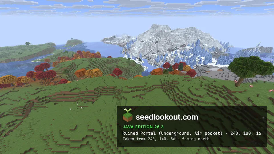 Green hill with a line of red and orange trees, a snowy mountain with blue ice beyond