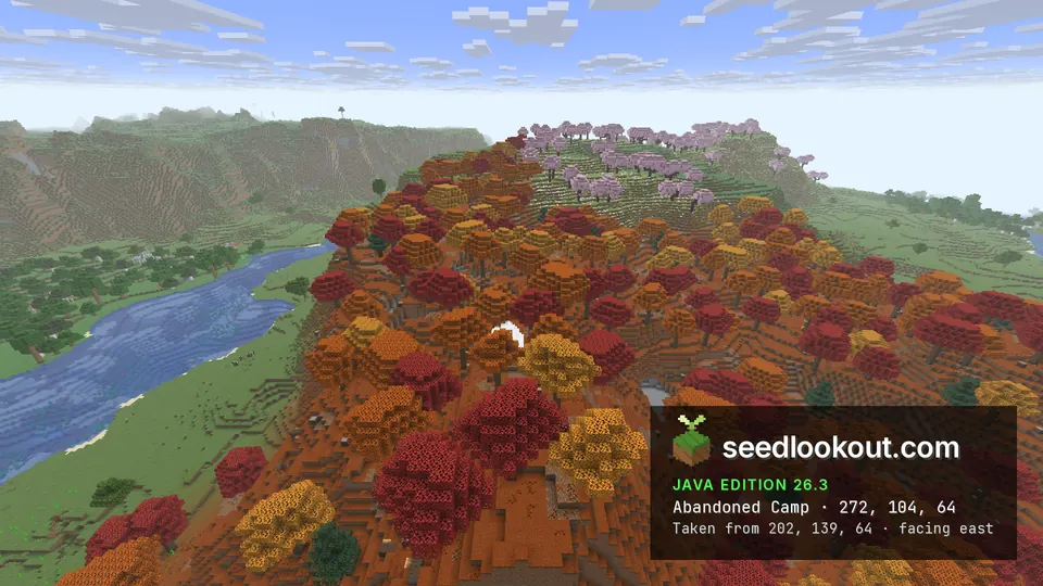 Red, orange and yellow trees on a high ridge with a small white tent, pink cherry trees and a river valley beside it