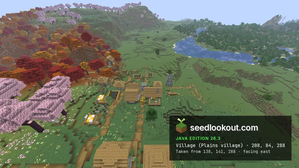 Plains village houses on grass beside pink cherry trees and red and orange dappled trees, a river behind