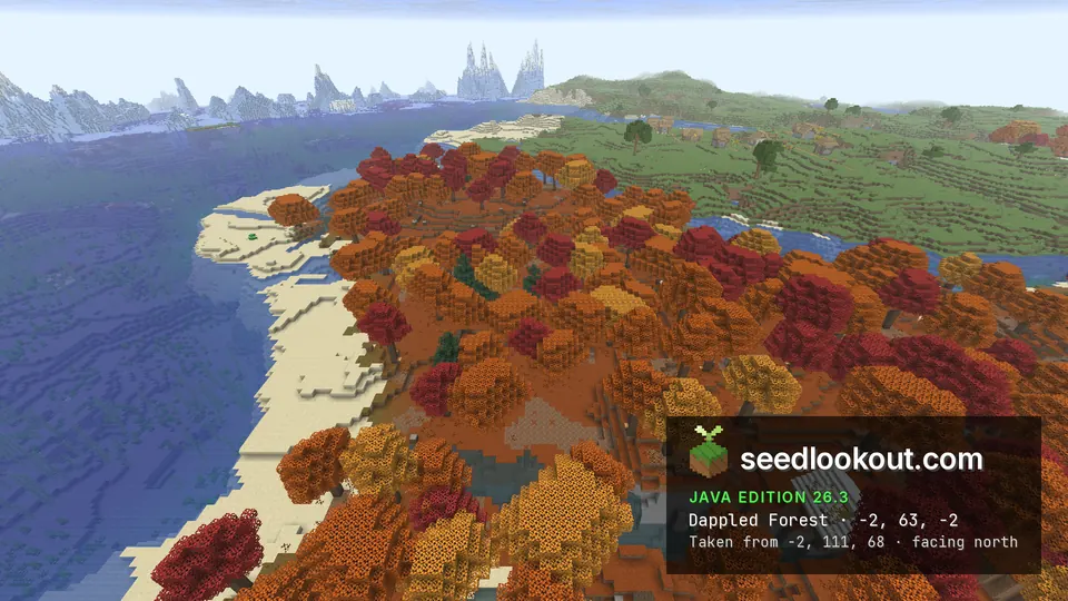 Strip of red and orange trees beside a sand beach, water on both sides and ice spikes on the far horizon