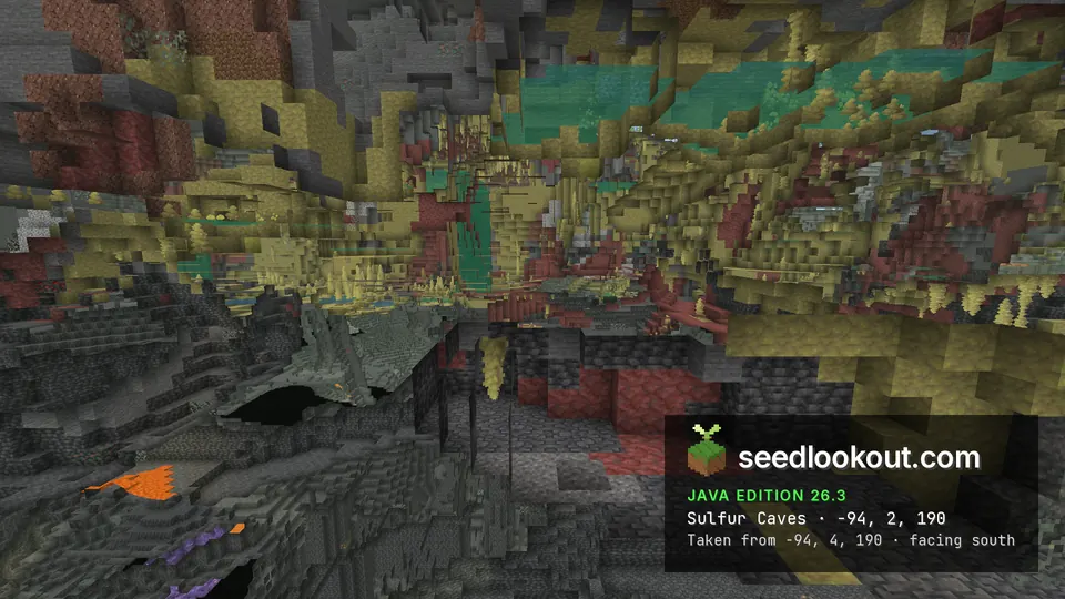 Cave with yellow and rust-red walls, pointed yellow formations and teal water, shown as a cutaway