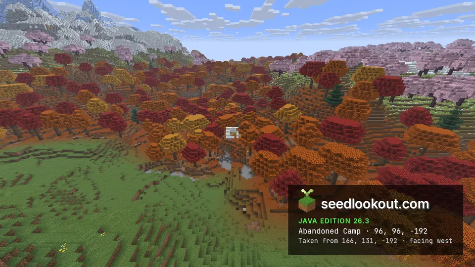 Dappled forest filling a grassy valley, pink cherry trees at the edge and snowy mountains beyond