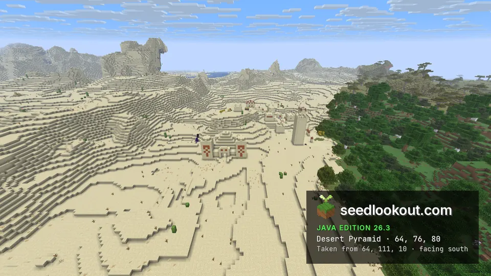 Sandstone desert pyramid with orange-patterned towers, obsidian beside it, village houses beyond and forest to the right