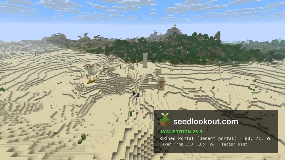 Dark obsidian blocks on the sand beside the pyramid, village houses and forest behind
