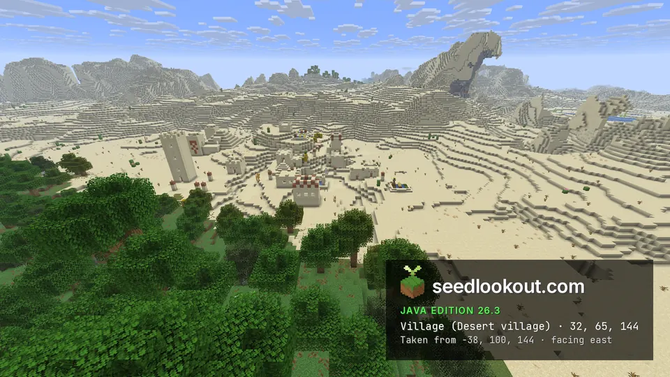 Sandstone village houses over rolling dunes, forest in the foreground and pale sandstone hills behind