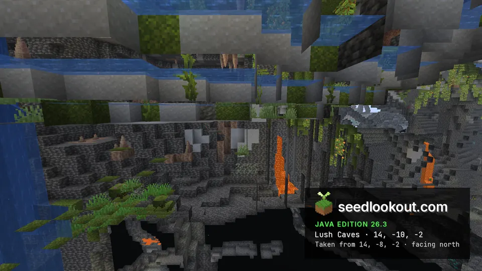 Cutaway view of a cave with moss, hanging vines, dripstone, water and falling lava