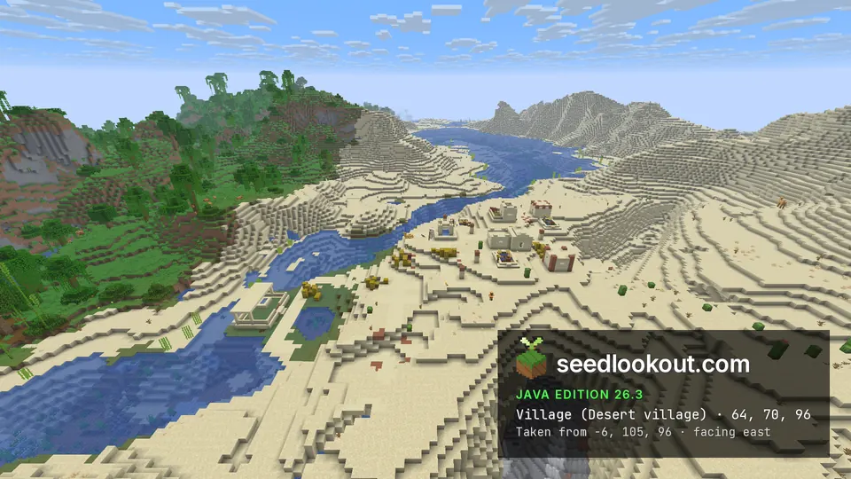Sandstone village houses beside a river winding between sand dunes, with jungle hills on the left