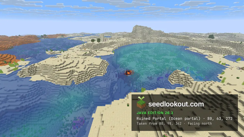 Turquoise lagoon ringed by sand hills with a small portal in the water, a grey mountain in the distance