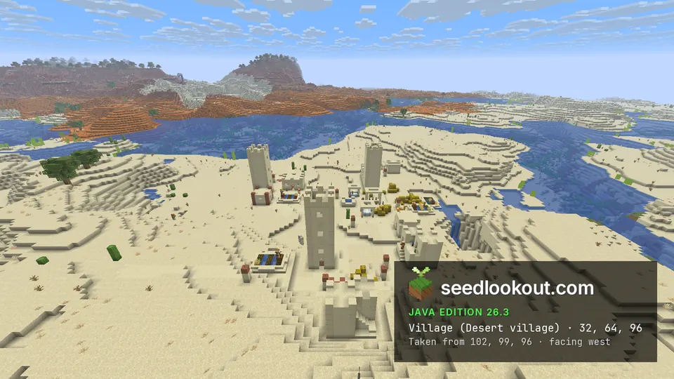 Sandstone desert village on sand hills beside a blue river, orange badlands and a grey mountain on the horizon