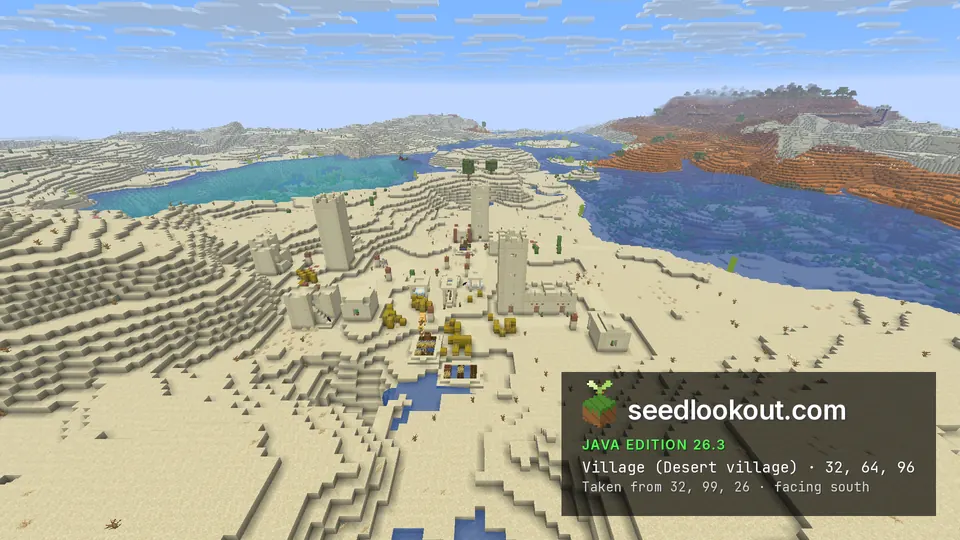 Sandstone houses and towers with hay bales, a turquoise lagoon on the left and orange badlands on the right