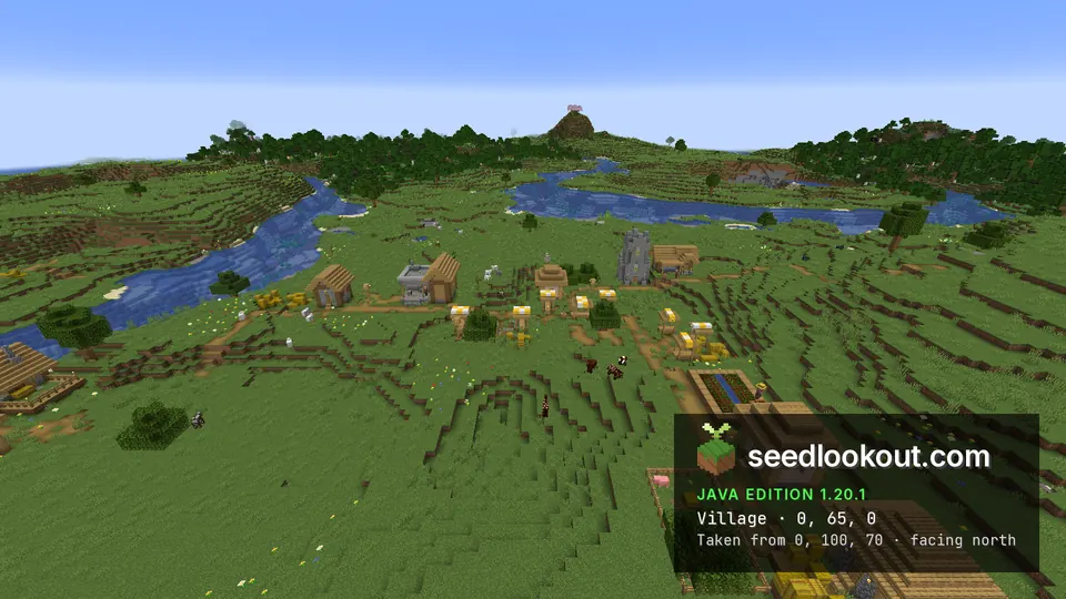 Two plains villages on either side of a river, with market stalls and a cobblestone tower across the water, seed 147445