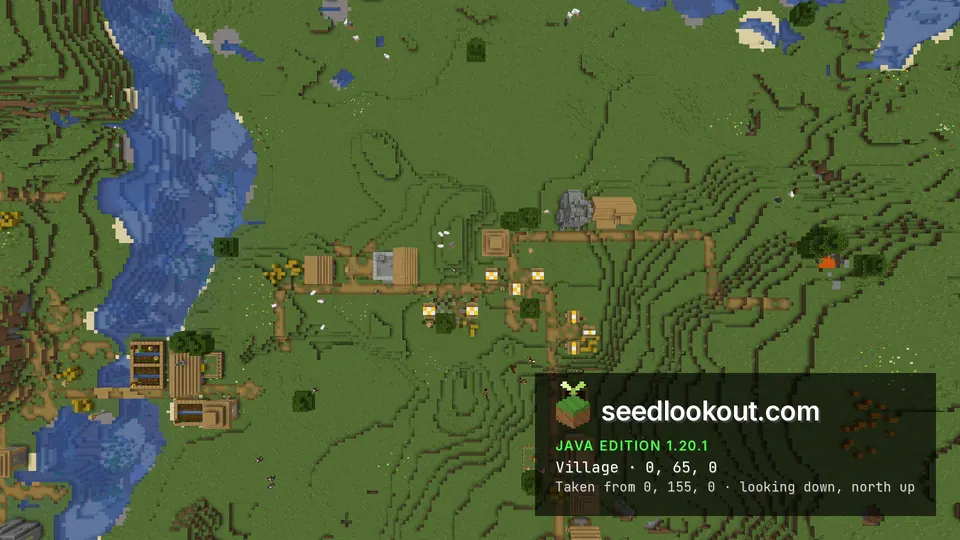 Top-down view of a plains village along a river bend, with a bridge to farm plots on the east bank