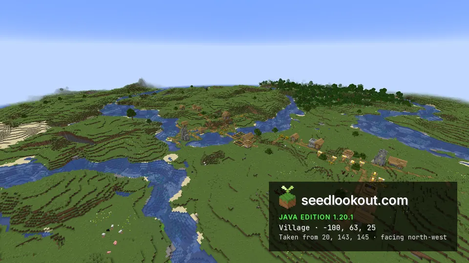 Wide view of two plains villages about 100 blocks apart, split by a winding river