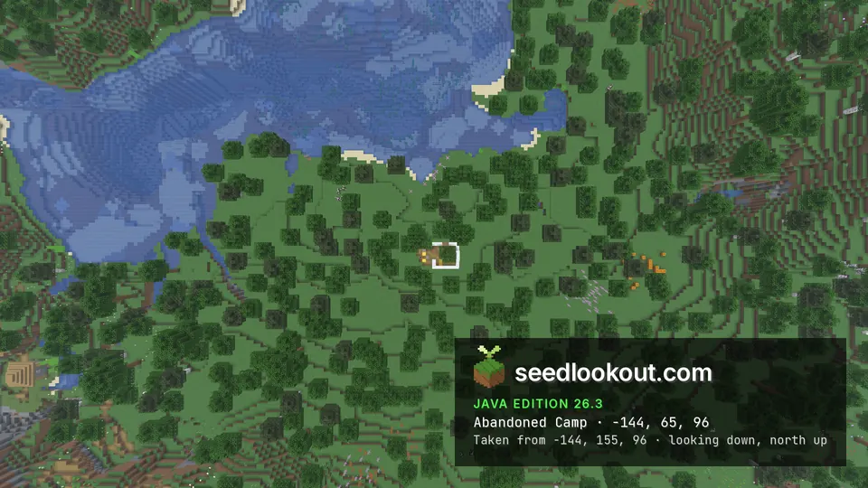 Top-down view of a small camp in a forest clearing, with a lake to the north