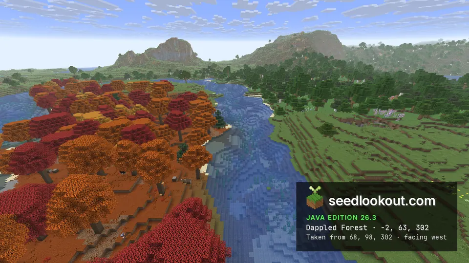 Red, orange and yellow trees on orange ground along a river, with green grassland and hills across the water