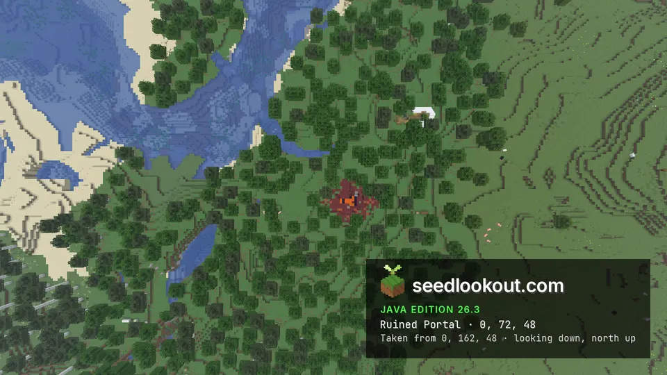 Top-down view of forest with a red netherrack patch, a white tent to the north-east and a river to the west