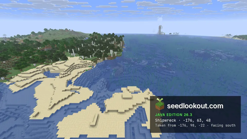 Sandy shoals and shallow sea beside a forested shore, a stone spire on the horizon