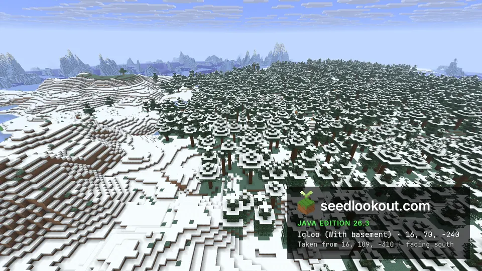Snow-covered spruce forest and snowy hills, with icebergs on the horizon