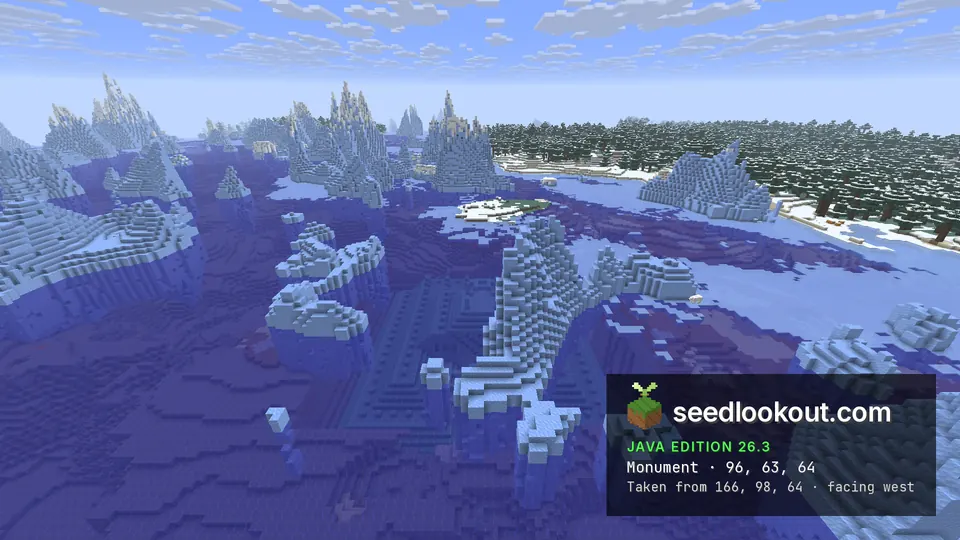 Ocean monument outline under blue water between tall icebergs, a snowy island and spruce forest shore behind