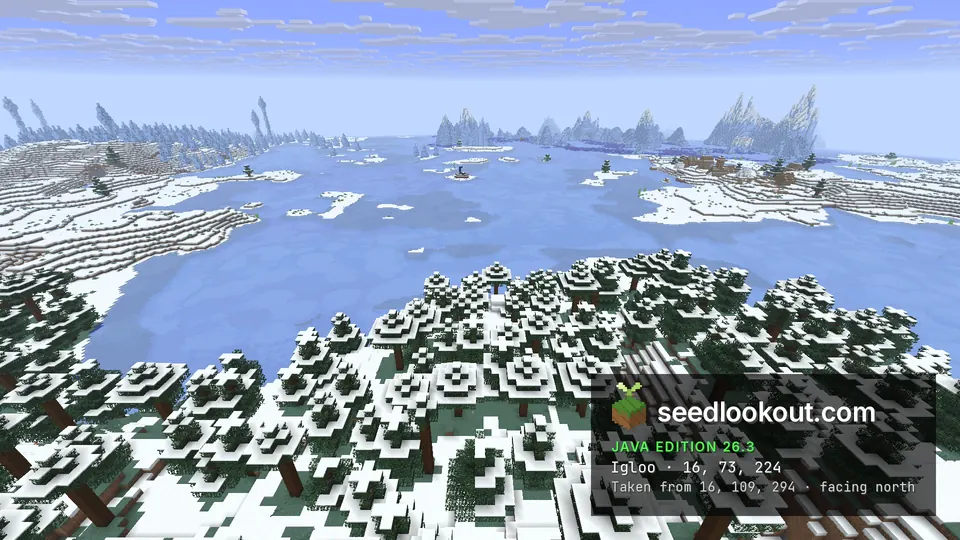 Snow-covered spruce treetops in front, a frozen bay beyond with the portal islet and icebergs on the horizon