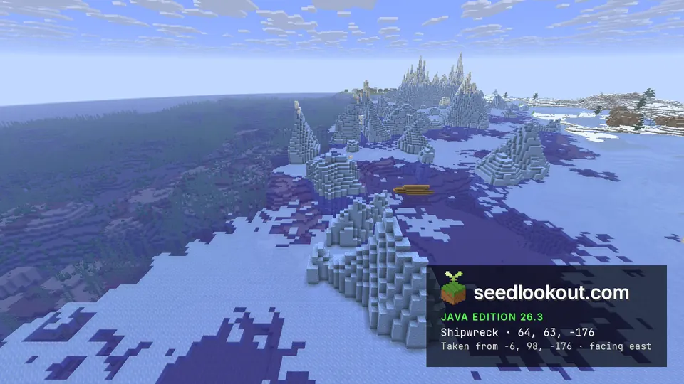 Wrecked ship lying in dark water beside large icebergs, snowy land and a village in the distance