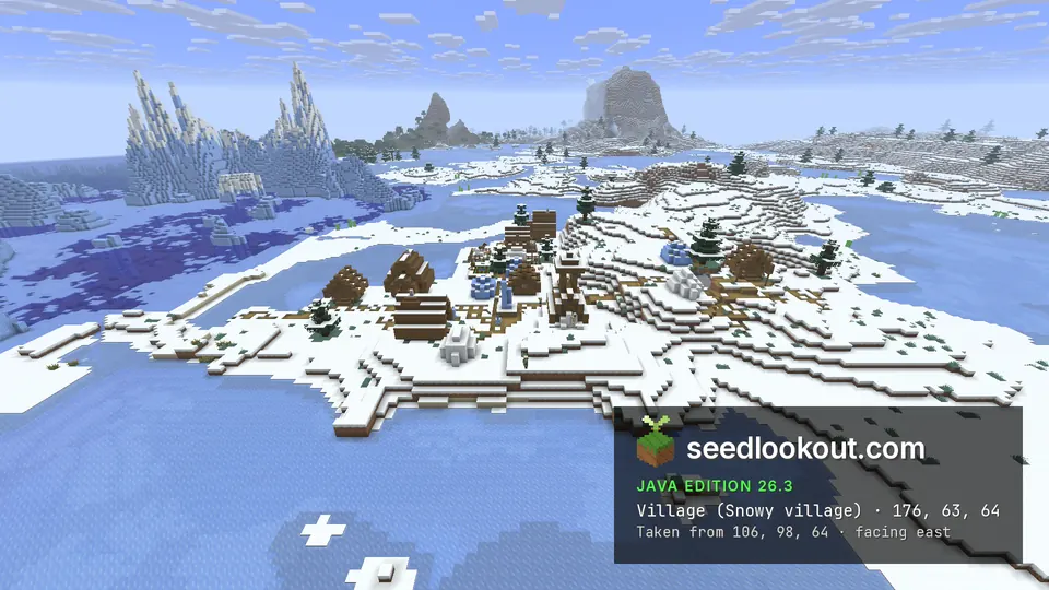 Snowy village on a spit in a frozen sea, tall pale blue icebergs and a grey peak behind