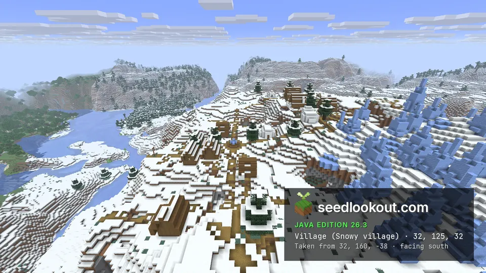 Snowy village with spruce houses and snow huts beside blue ice spikes, a frozen river and snowy hills behind