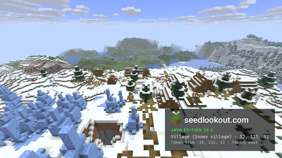 Snow-covered village paths and houses behind blue ice spikes, green forest and a river in the distance