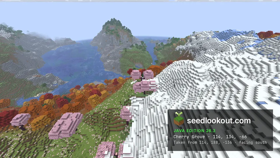 Cherry trees on a green shelf beside a snowy slope, above blue water and a steep rocky peak