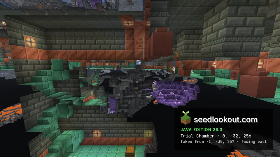 Tuff brick and copper trial chamber rooms, cut away to show dark rock and an amethyst geode