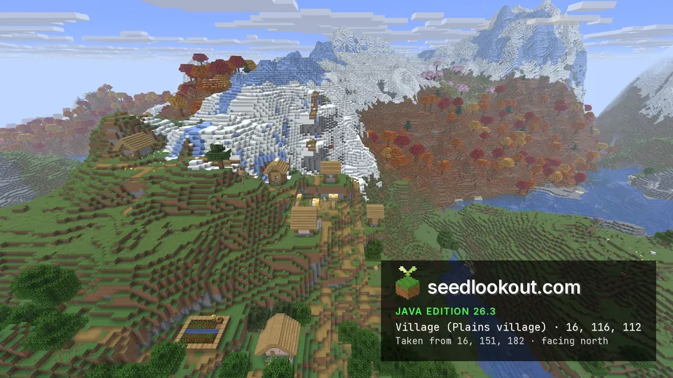 Plains village on a green ridge below a snowy peak, dappled forest on the slope to the right and a river below