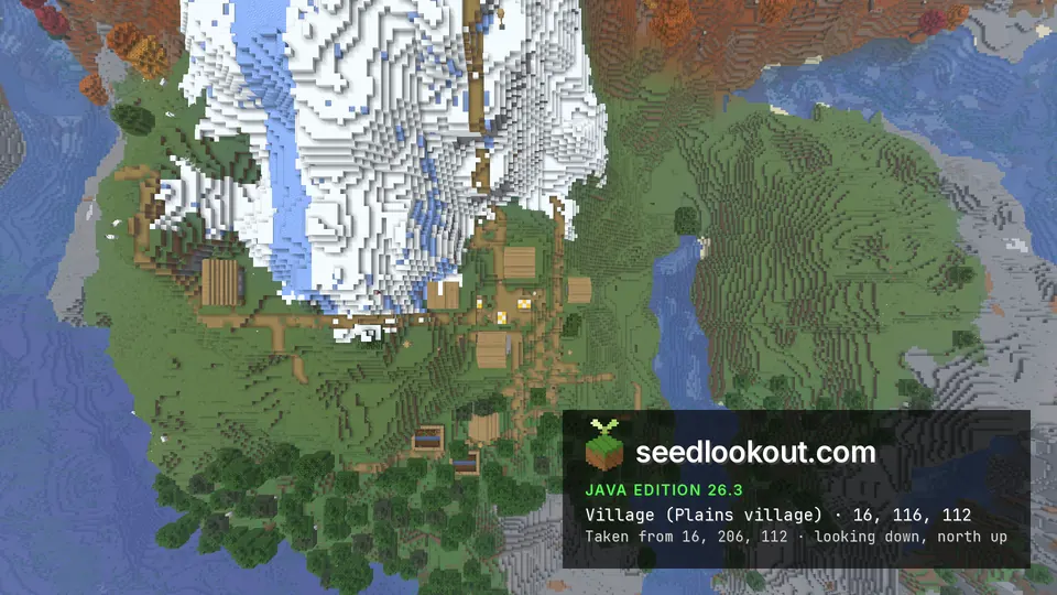 Top-down view of village houses and paths on a green ridge that ends at a snowy peak