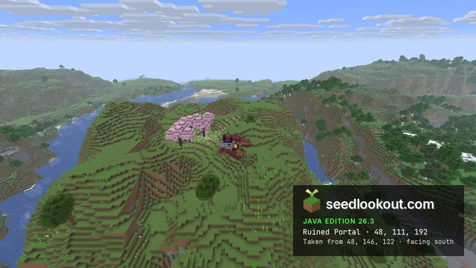 Netherrack and a broken obsidian frame on a grassy hilltop beside pink cherry trees, rivers in the valleys
