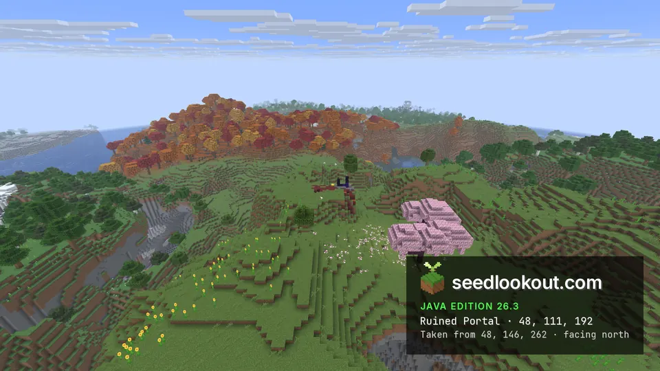 Pink cherry trees and a ruined portal on a green hill, with the red and orange forest hill behind