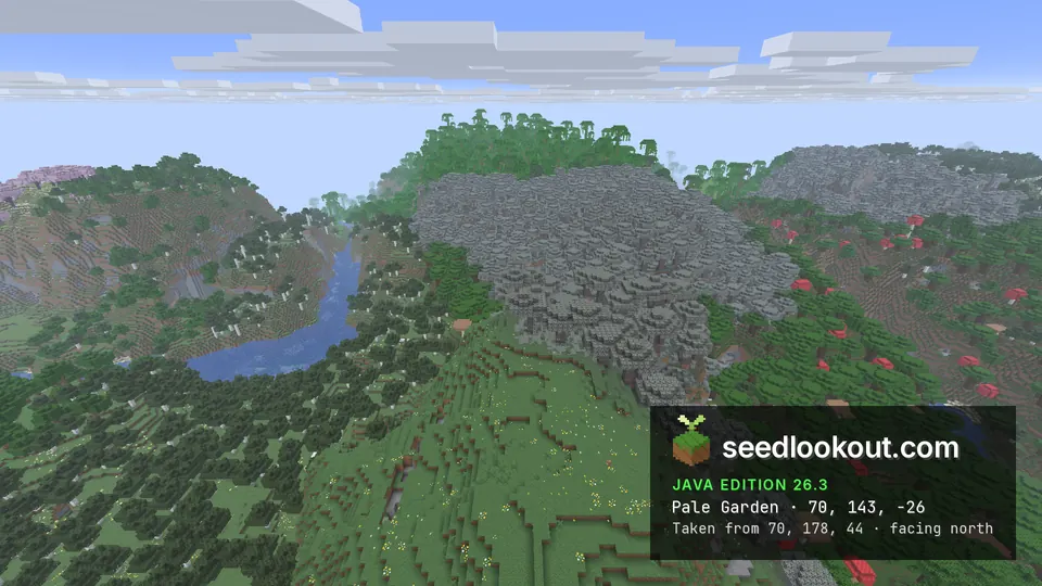 Grey pale oak woods on a ridge above a winding river, green forest and red mushrooms on the slopes