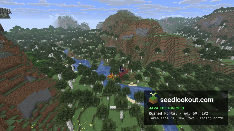 Netherrack and obsidian ruin beside a blue river in a wooded valley between grassy hills