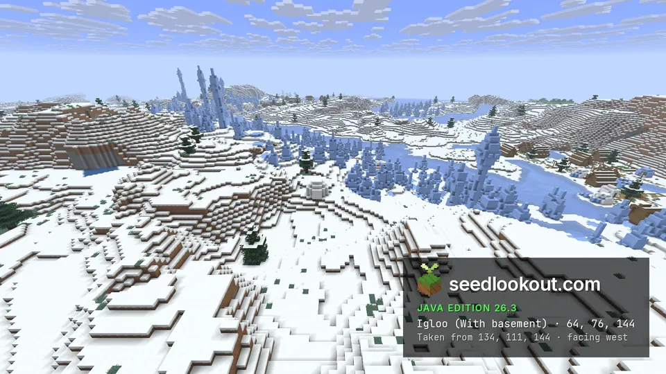 Snowy plain with a small igloo dome, ice spikes along a frozen river behind