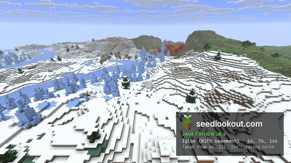 Small white snow dome on open snow among pale blue ice spikes, a frozen river and hills beyond