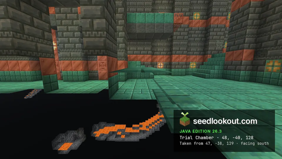 Cutaway of a trial chamber hall with green copper floor and tuff brick walls, lava in the rock below