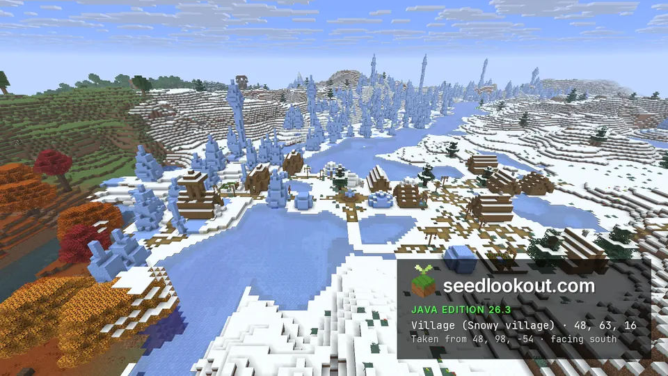 Village houses among ice spikes and frozen ponds, orange and red trees in the foreground