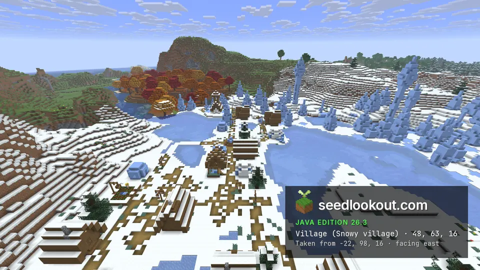 Snowy village between frozen ponds and pale blue ice spikes, red and orange trees and a green hill behind