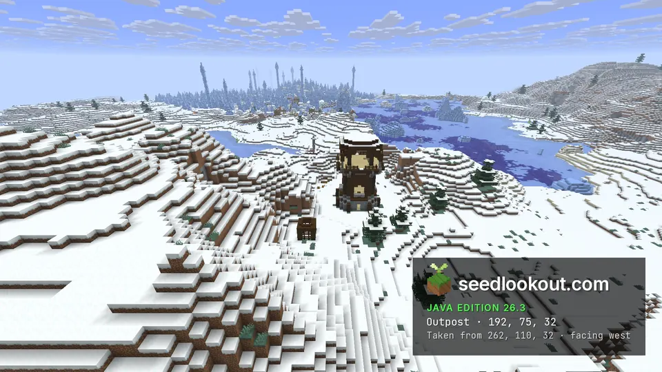 Dark wooden watchtower on a snowy hill, a frozen river and a distant field of ice spikes behind