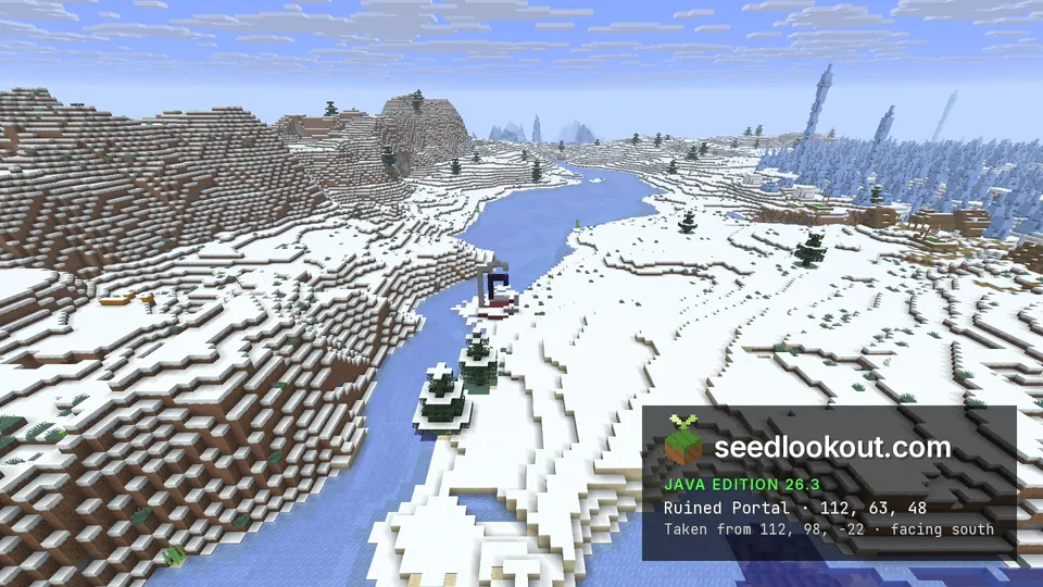 Broken obsidian portal frame on netherrack beside a frozen river, snowy hills and spruce trees around it