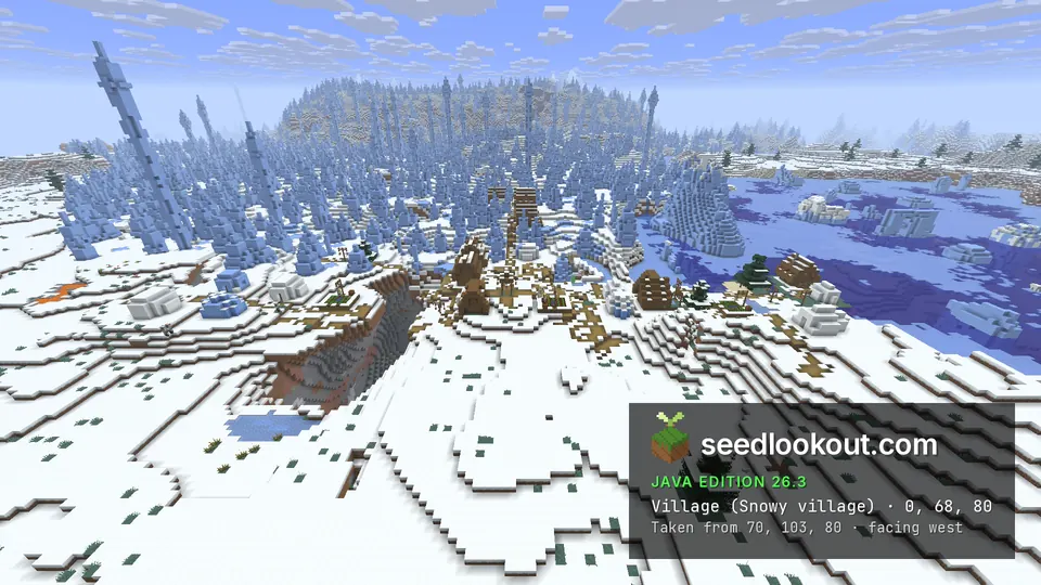 Snowy village houses and snow huts in front of a field of tall blue ice spikes, a frozen lake with icebergs to the right