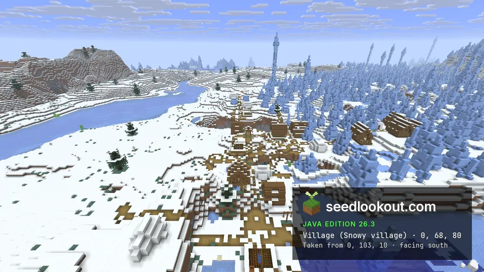 Spruce houses and paths on snow, with blue ice spikes to the right and a frozen river beyond