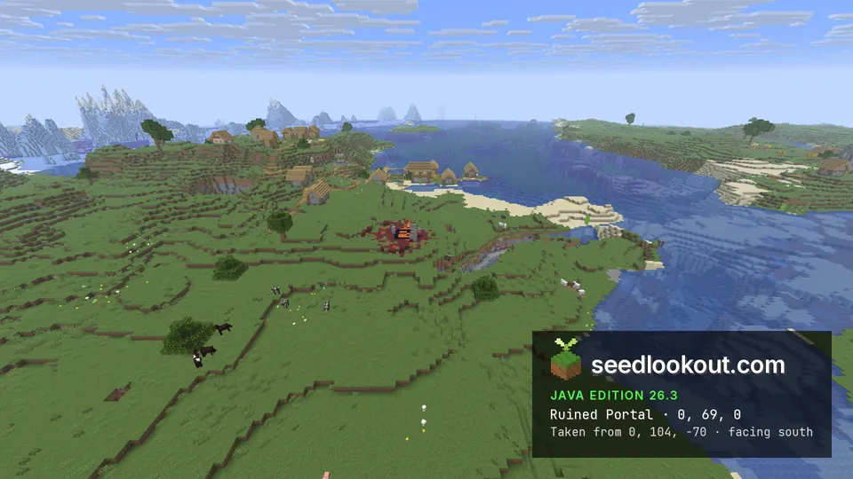 Netherrack patch with a dark obsidian frame on grass, the village and icebergs behind it