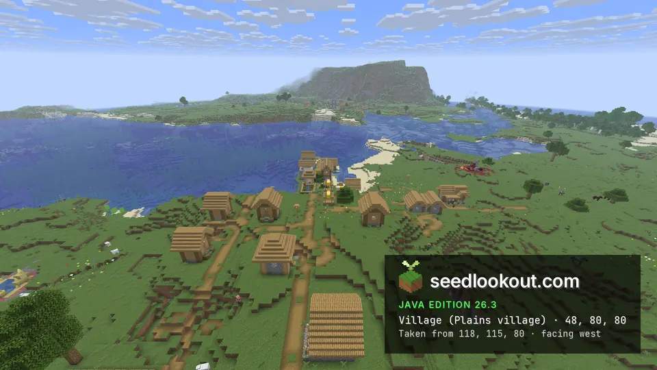 Plains village on grassy hills by a bay, with a flat-topped hill across the water