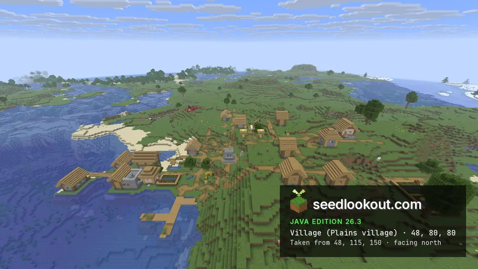 Plains village with wooden docks reaching into a blue bay, grassy hills and sand around it