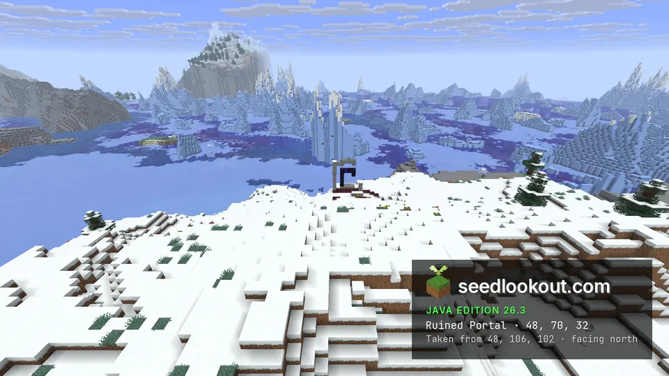 Broken obsidian portal frame on a snowy hilltop, tall icebergs in the frozen sea behind