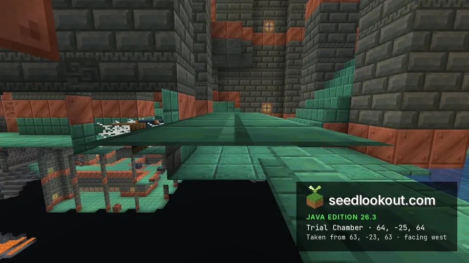 Cutaway underground view of a trial chamber room with tuff brick walls, copper blocks and a green floor